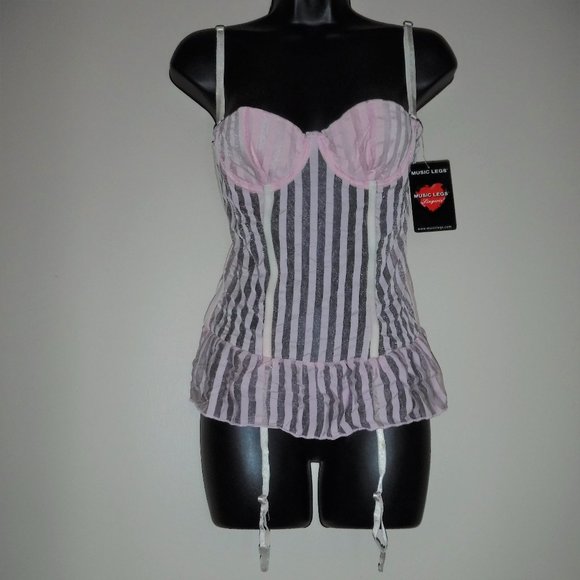 Music Legs Other - NWT Music Legs Pink Stripe Sheer Chemise w/ Garter Hooks Lingerie sz M